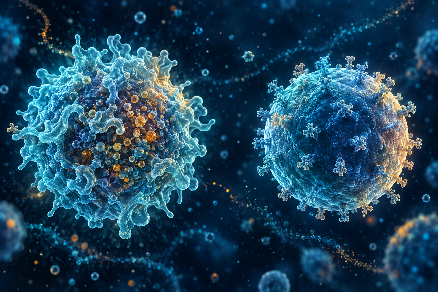 Conceptual visualization of a Natural Killer cell and a cytotoxic CD8-positive T cell